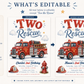 Two the Rescue second birthday invitation featuring a red fire truck, firefighter helmet, fire hydrant, clouds and stars in red, blue and gold.