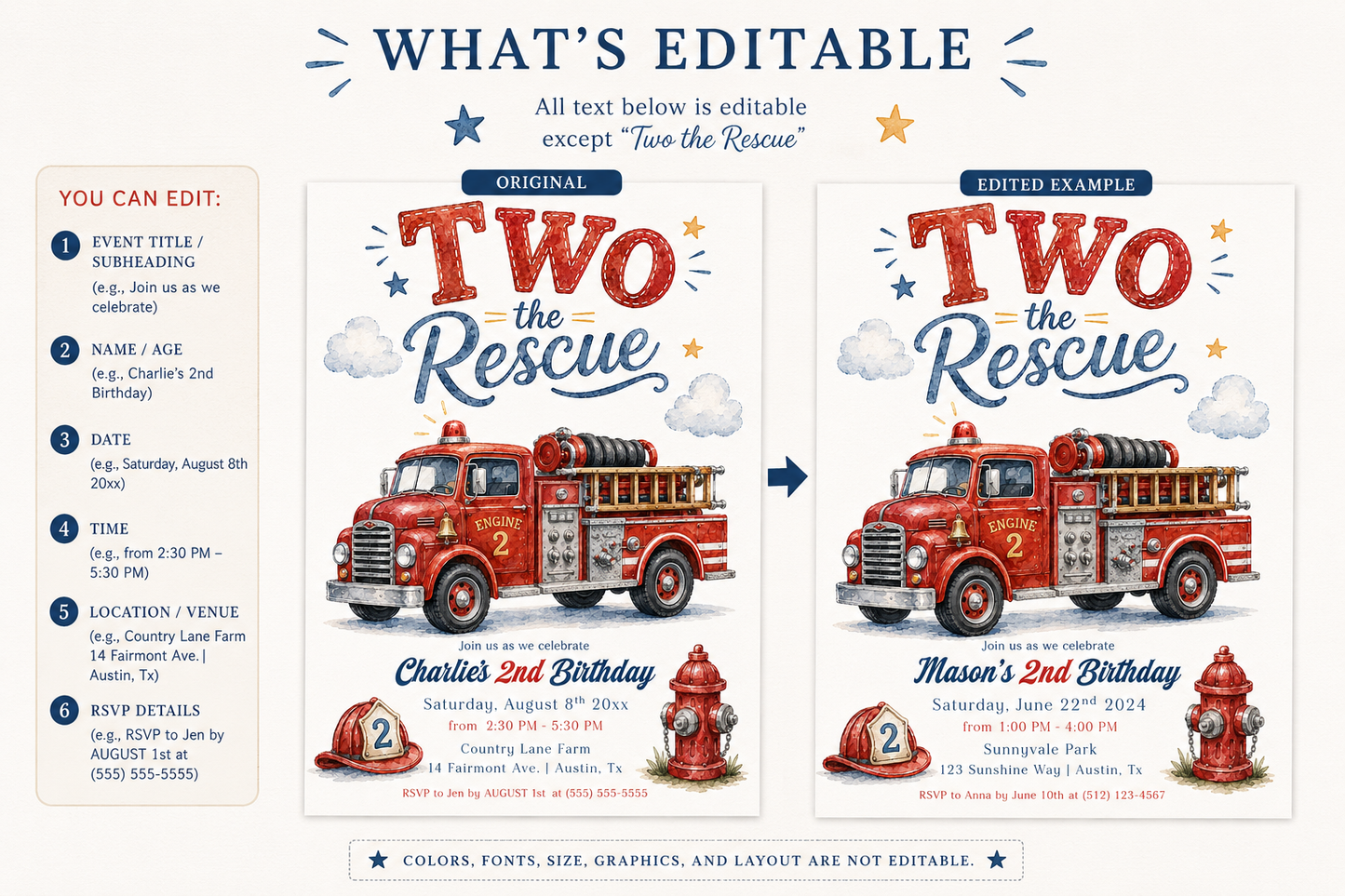 Two the Rescue second birthday invitation featuring a red fire truck, firefighter helmet, fire hydrant, clouds and stars in red, blue and gold.