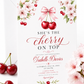 Cherry baby shower invitation with watercolor cherries, pink cherry blossoms, leafy branches, pink bow, elegant script lettering, and clean white background