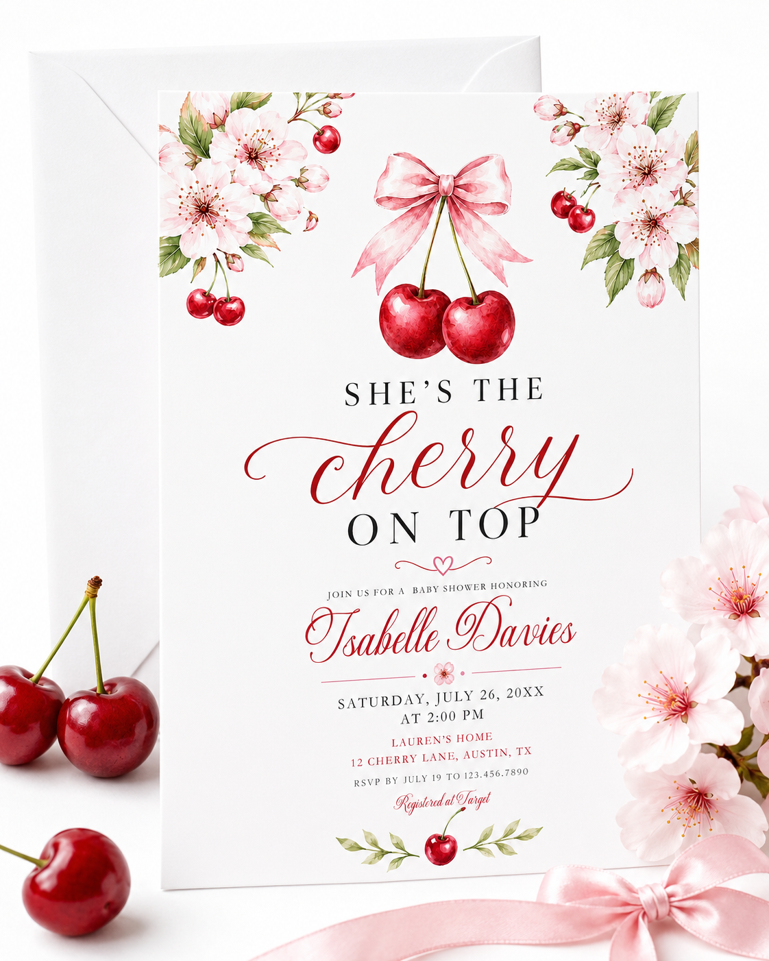 Cherry baby shower invitation with watercolor cherries, pink cherry blossoms, leafy branches, pink bow, elegant script lettering, and clean white background