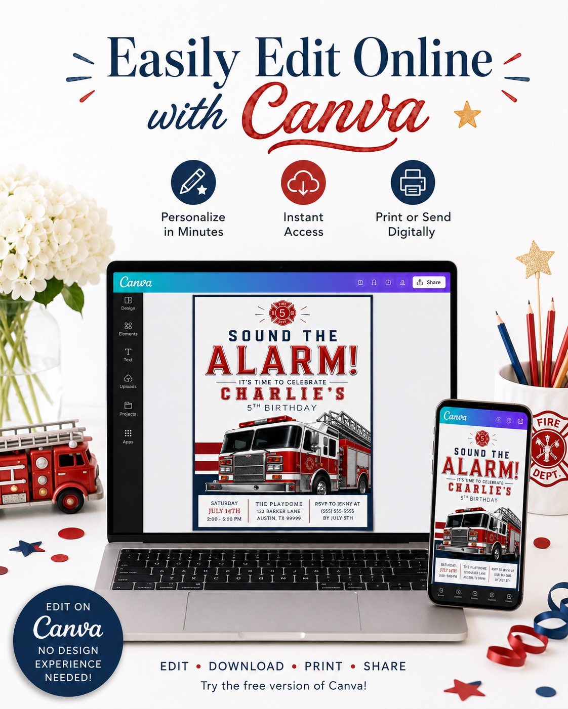 Sound the Alarm firetruck birthday invitation featuring a realistic red ladder fire engine with bold red, white and navy details.
