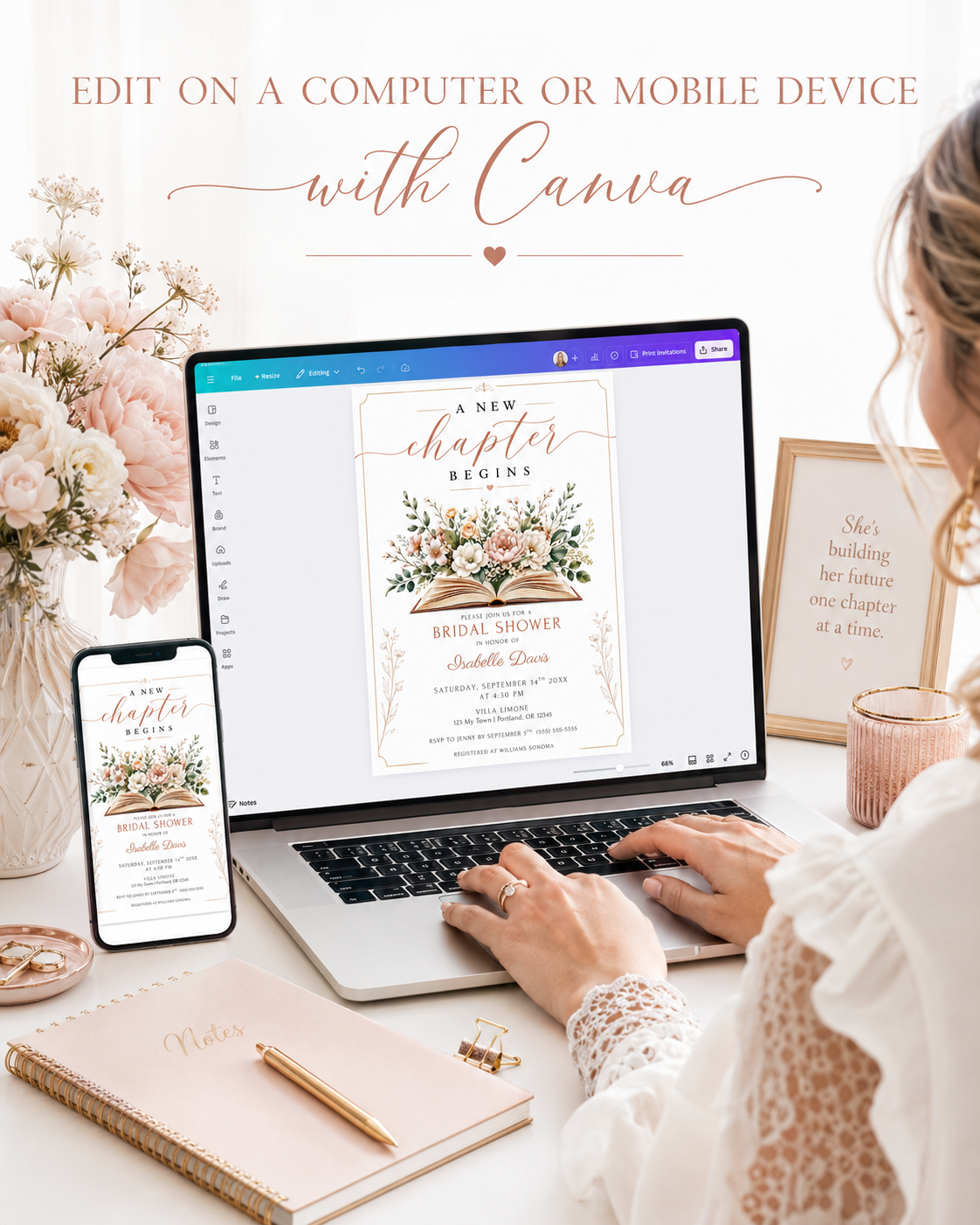 A New Chapter bridal shower invitation featuring an open book surrounded by blush pink and terracotta florals with green foliage.
