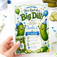 Boys Big Dill birthday invitation featuring cute pickle characters, pickle jar, balloons, party hat, blue and green details and sliced pickles.
