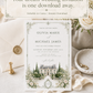 Elegant European style wedding invitation template with watercolor stone building illustration, cypress trees, and sage green ornate monogram border, editable in Canva