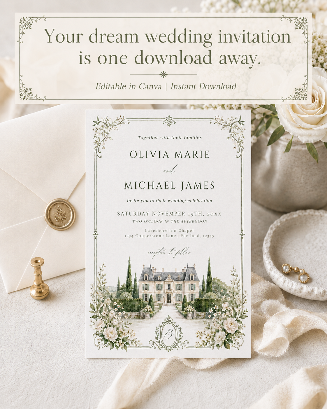 Elegant European style wedding invitation template with watercolor stone building illustration, cypress trees, and sage green ornate monogram border, editable in Canva