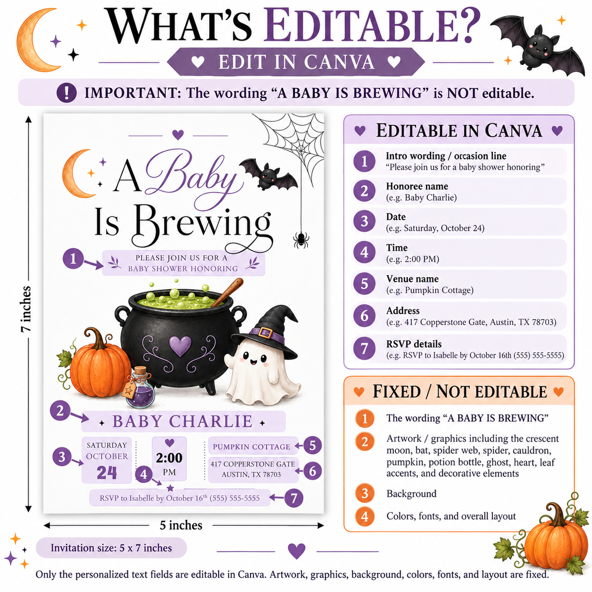 A Baby Is Brewing baby shower invitation with bubbling cauldron, pumpkin, potion bottle, ghost in witch hat, bat, crescent moon, and Halloween baby shower details