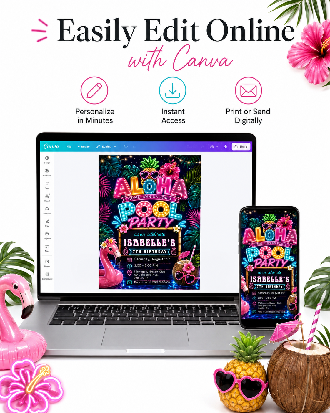 Neon Aloha pool party birthday invitation featuring a glowing pineapple, pink flamingo float, hibiscus flowers, palm trees and colorful tropical lights.
