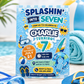 Splashin’ into seven birthday invitation with blue water splashes, swim goggles, surfboard, float tube, beach ball, flip flops, and pool party details