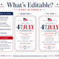 Editable 4th of July celebration invitation Canva template with waving American flag, bold red and navy display lettering, star accents, firework burst, and double border frame on a white background
