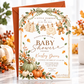 Little Pumpkin baby shower invitation with sage green and orange pumpkins, gingham bows, fall leaves, teddy bear, and knitted baby clothes on a clothesline
