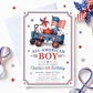 All-American boy birthday invitation featuring a wagon, American flag, baseball and stars in red, white and blue.