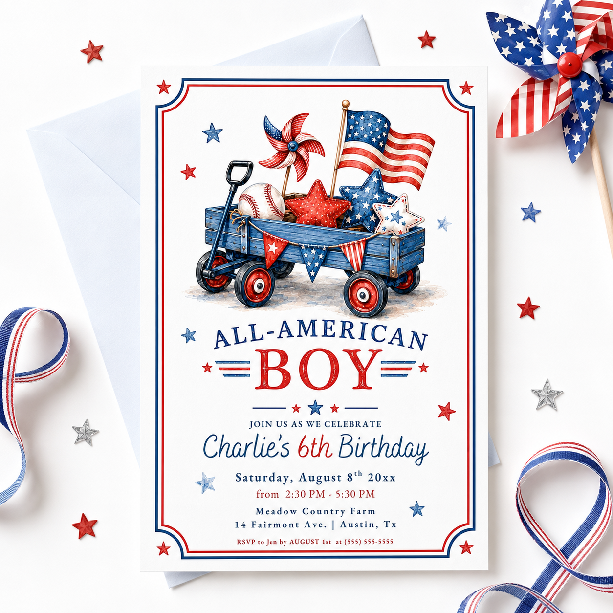 All-American boy birthday invitation featuring a wagon, American flag, baseball and stars in red, white and blue.