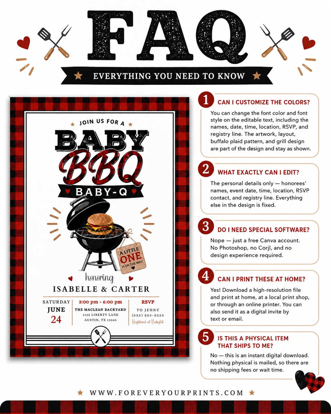 Buffalo plaid BBQ baby shower invitation with a grill and burger in red, black, and white
