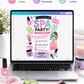 Spa party birthday invitation with nail polish, face mask, robe, cucumber slices, lotion, sugar scrub, makeup brush, hearts, and pink purple teal details