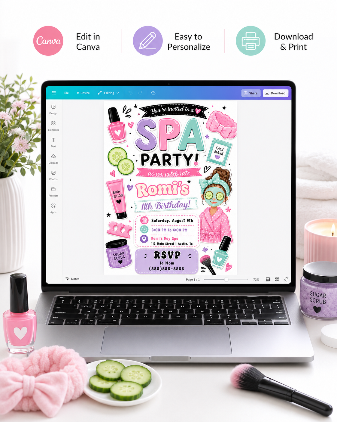 Spa party birthday invitation with nail polish, face mask, robe, cucumber slices, lotion, sugar scrub, makeup brush, hearts, and pink purple teal details