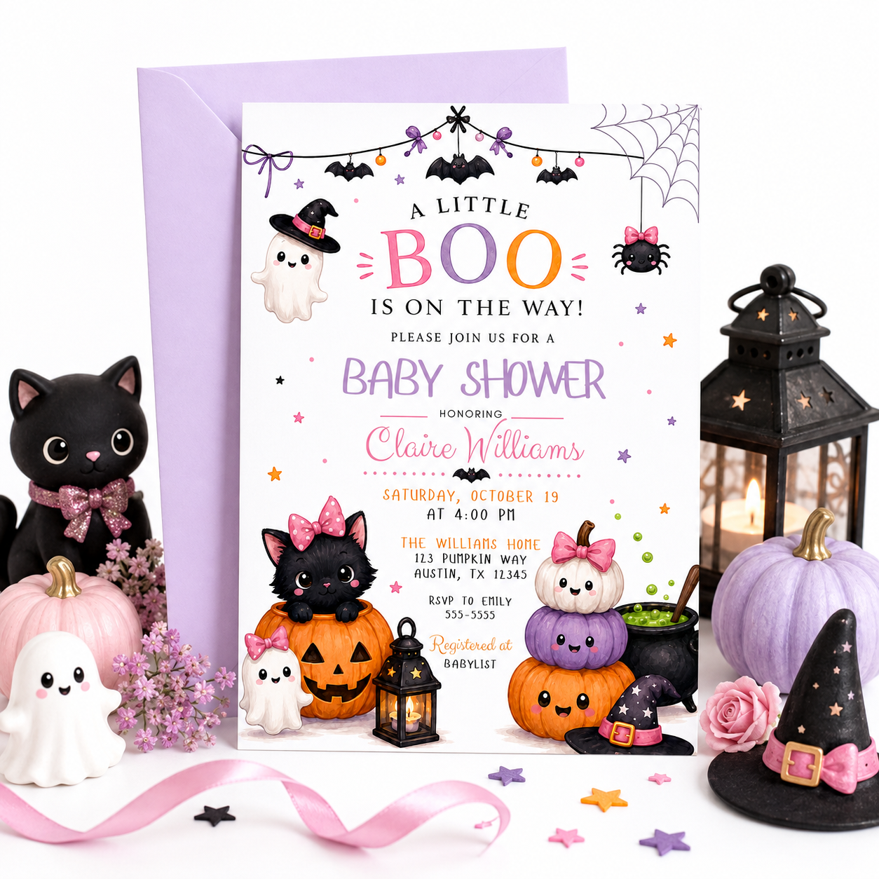 Halloween girl baby shower invitation with cute ghost, black cat, pumpkins, pink bows, bats, spiderwebs, witch hats, cauldron, and spooky-cute baby shower details