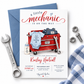 Little mechanic baby shower invitation with red tool chest, wrench, baby overalls, bodysuit, bottle, and garage-themed baby boy shower details