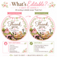 Round barnyard birthday thank-you sticker featuring a pink tractor, barn, cow, pig, pony, chick, puppy, kitten, flowers and pastel bunting.