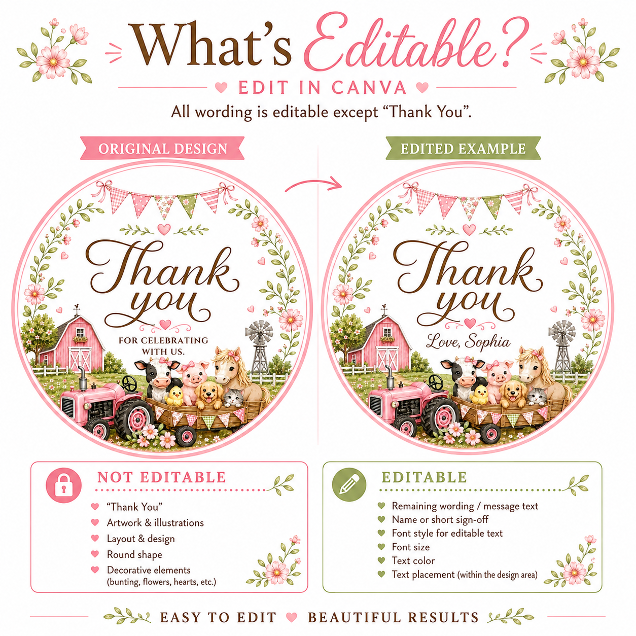 Round barnyard birthday thank-you sticker featuring a pink tractor, barn, cow, pig, pony, chick, puppy, kitten, flowers and pastel bunting.
