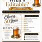 Beer 50th birthday invitation with frothy beer mug, hops, wheat, black and gold lettering, clean white background, and masculine milestone party details