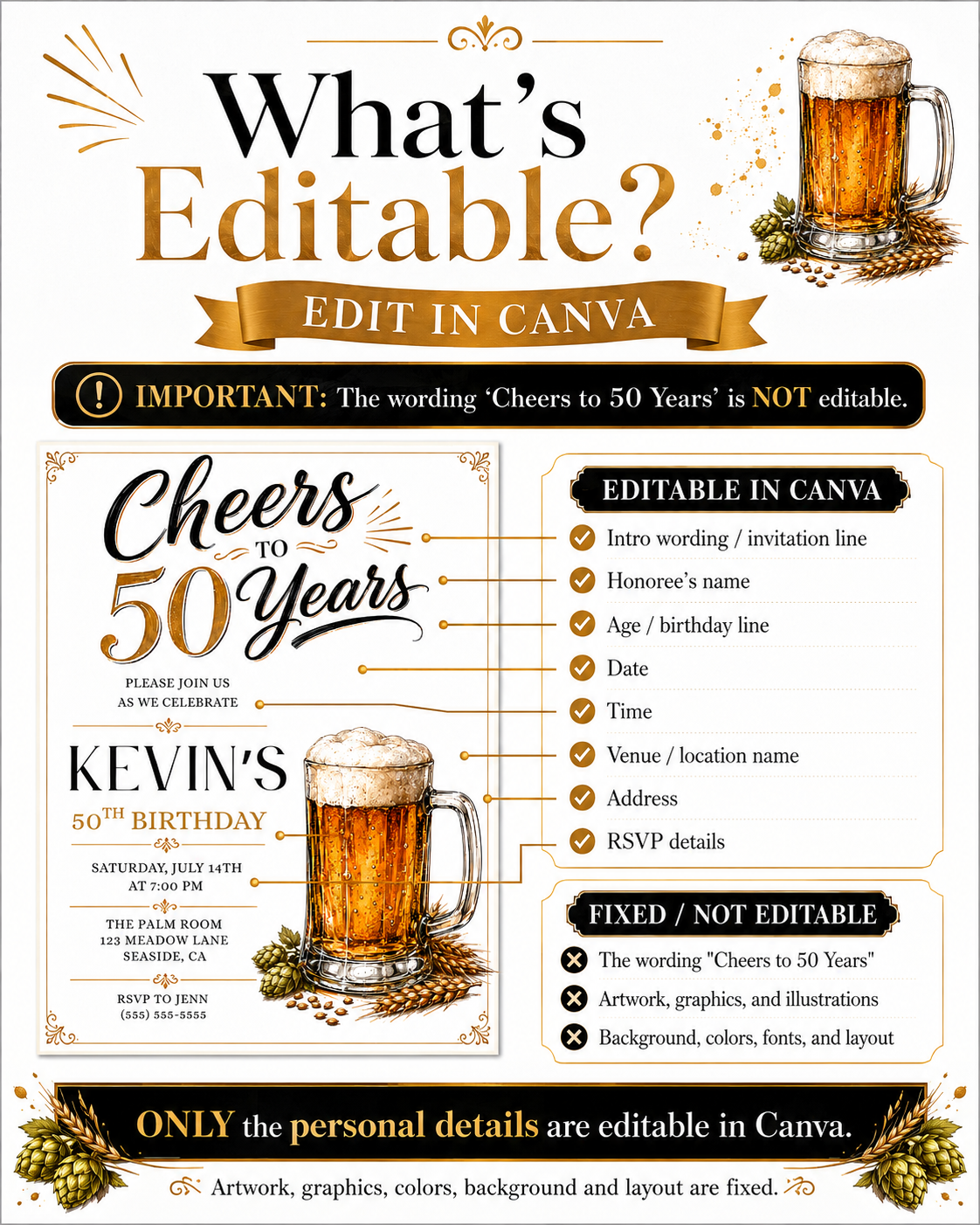 Beer 50th birthday invitation with frothy beer mug, hops, wheat, black and gold lettering, clean white background, and masculine milestone party details