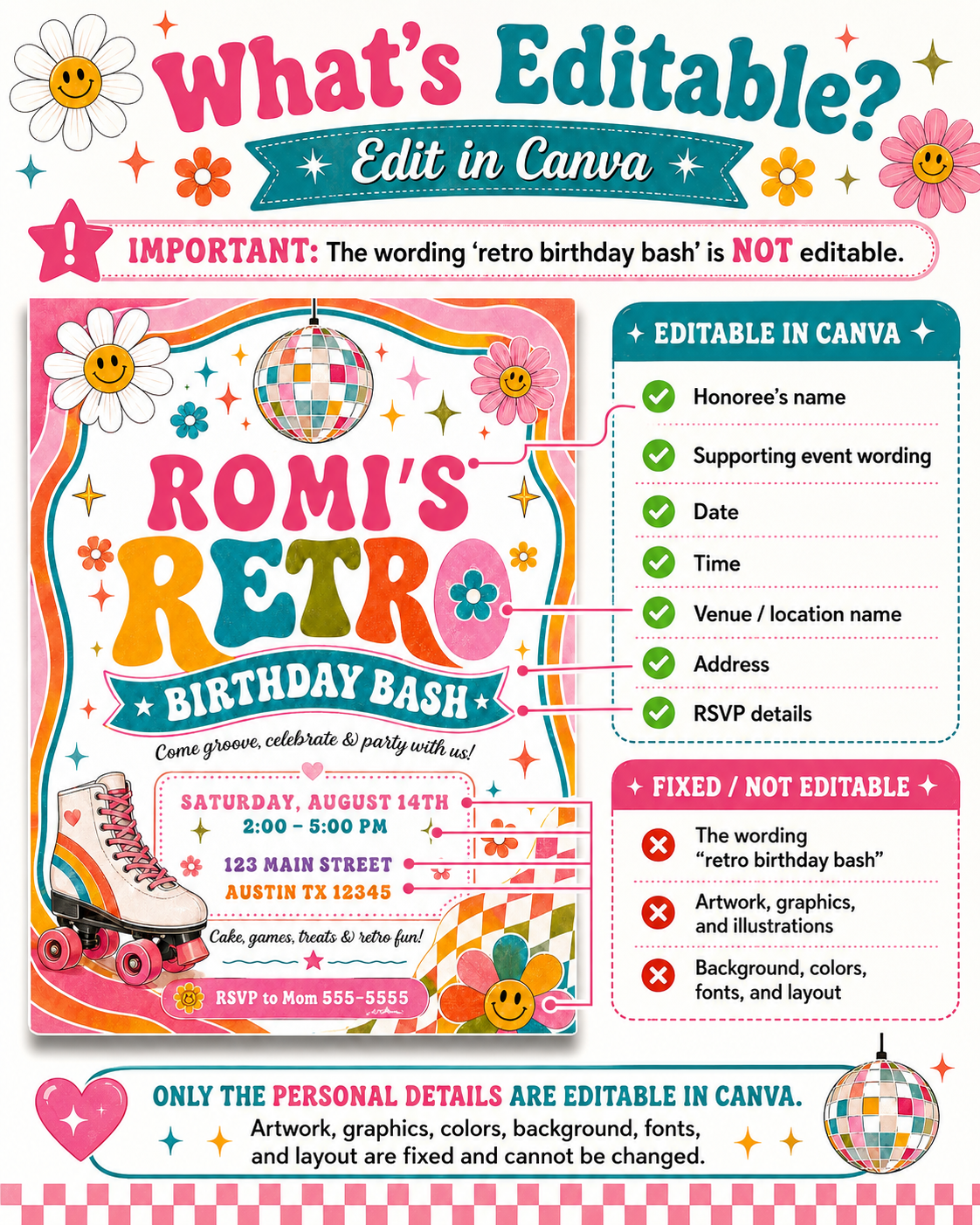 Retro birthday invitation with roller skate, disco ball, smiley flowers, checkerboard accents, colorful waves, stars, and bright pink teal orange party details