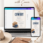Editable Western cowboy baby shower invitation Canva template with illustrated cowboy hat, denim boots, horseshoe, bandana, lasso rope, and bold navy distressed typography on a warm cream background with Western border
