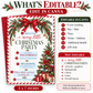 Christmas party invitation with red bows, evergreen garland, holly berries, gold bells, and a decorated Christmas tree