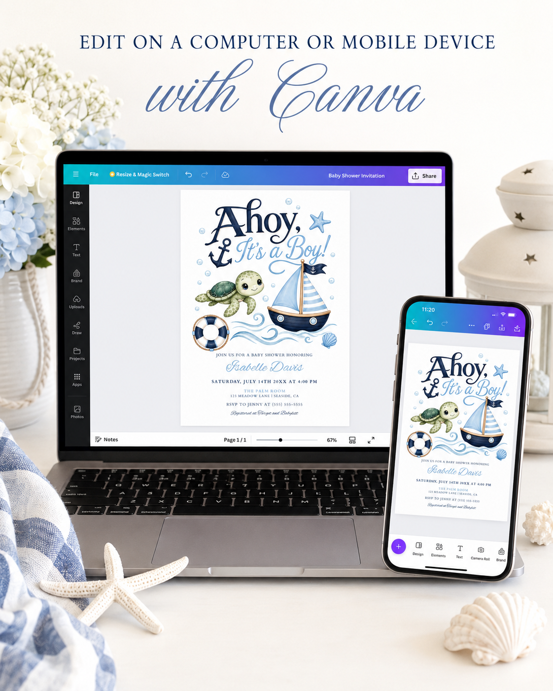 Editable ahoy it's a boy baby shower invitation Canva template with navy and sky blue nautical theme, sea turtle, sailboat, anchor, and ocean waves on a white background