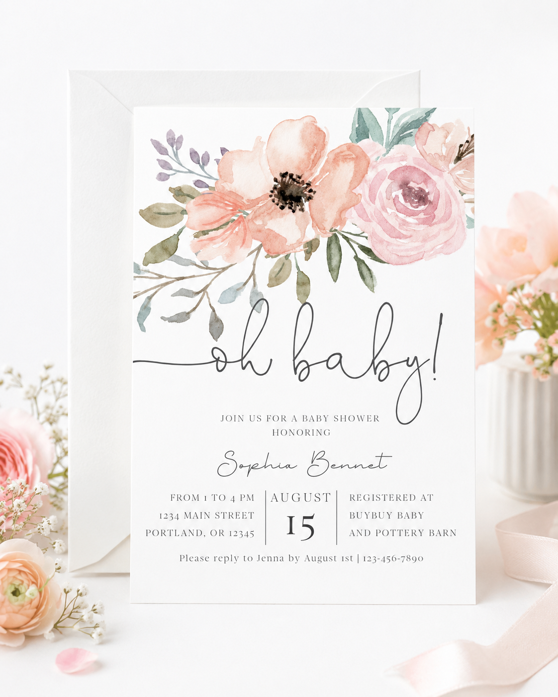 Oh baby floral baby shower invitation with watercolor blush and dusty rose flowers and greenery in soft pink and sage