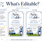 Editable new to the club golf baby shower invitation Canva template with blue golf cart, navy golf bag with bow, crossed clubs, corner pennants, and navy and sky blue typography on a white background