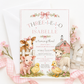 Three-I-E-I-O third birthday invitation for girls featuring a pink barn, cow, pig, lamb, chicks, flowers and pink gingham bows.