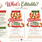 Editable momma mia pizza baby shower invitation Canva template with Italian pizzeria aesthetic, bold red and green script typography, pizza illustration, and red gingham accent on a white background