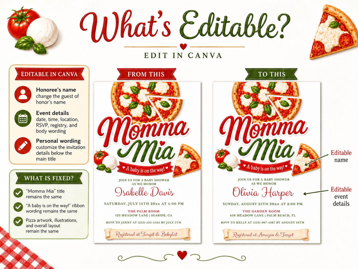 Editable momma mia pizza baby shower invitation Canva template with Italian pizzeria aesthetic, bold red and green script typography, pizza illustration, and red gingham accent on a white background