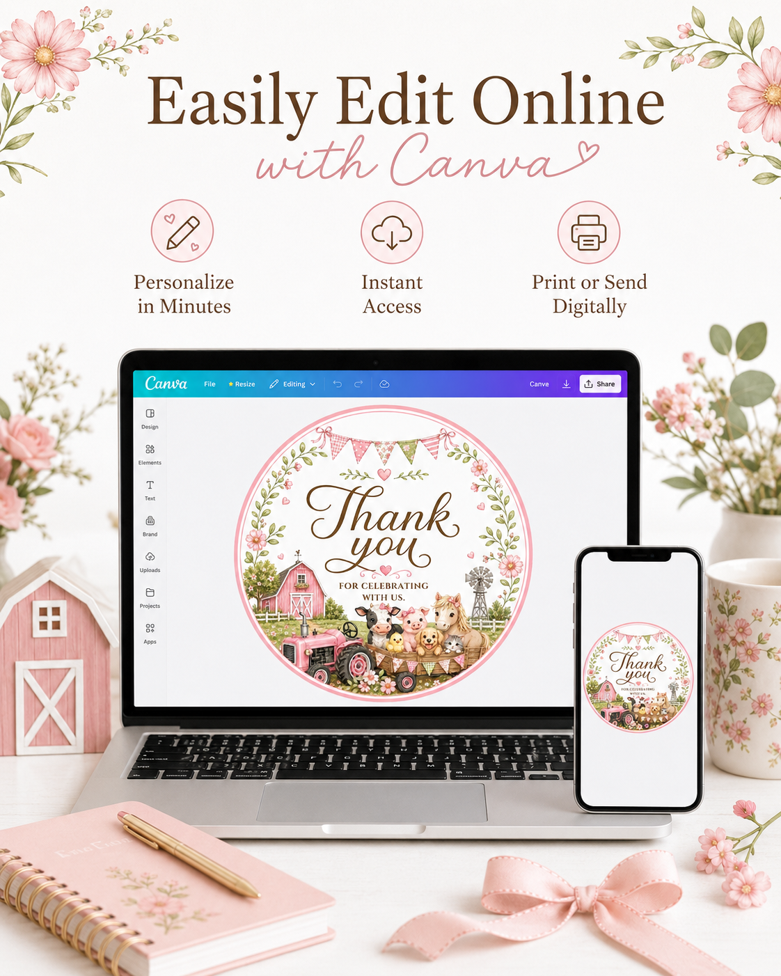 Round barnyard birthday thank-you sticker featuring a pink tractor, barn, cow, pig, pony, chick, puppy, kitten, flowers and pastel bunting.