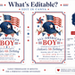 All-American boy birthday invitation featuring a navy baseball cap, American flag, baseball, pinwheel, bunting and red, white and blue stars.