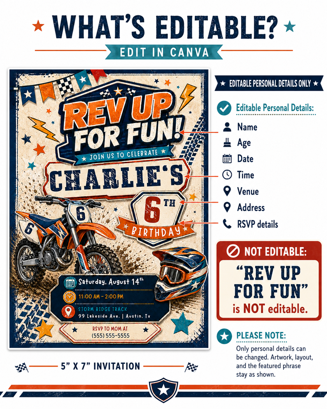 Dirt bike birthday invitation with orange motorcycle, racing helmet, checkered flags, tire tracks, stars, and bold motocross party details