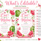 One in a Melon first birthday invitation featuring watercolor watermelons, pink flowers, butterflies, greenery and gold hearts.

