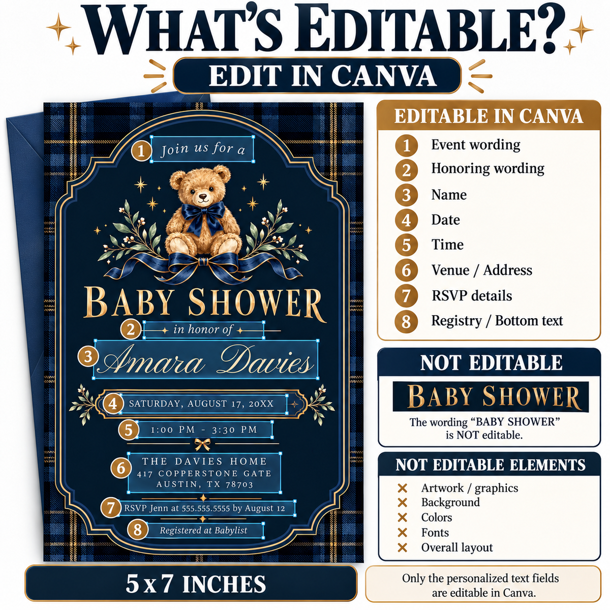 Teddy bear baby shower invitation with a brown bear wearing a navy bow, blue plaid border, gold lettering, stars, and greenery on a dark navy background