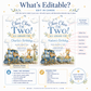 Soft blue and gold choo choo train birthday invitation featuring a teddy bear conductor, giraffe, and bunny.
