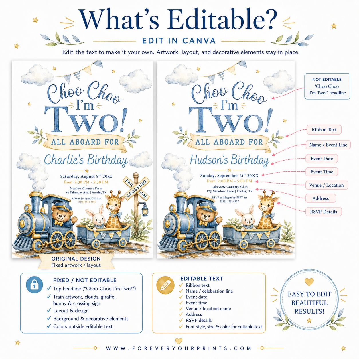 Soft blue and gold choo choo train birthday invitation featuring a teddy bear conductor, giraffe, and bunny.
