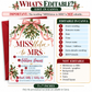 Christmas bridal shower invitation with pink satin bows, mistletoe, evergreen branches, gold bells and MISStletoe to Mrs lettering