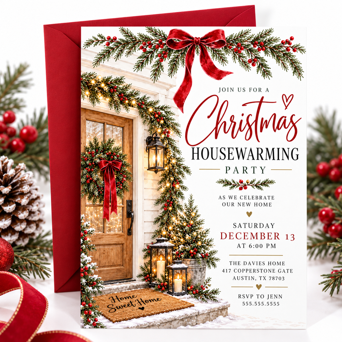 Christmas housewarming party invitation with a wooden front door, evergreen wreath and garlands, red bows, glowing lanterns, snowy steps, and a Home Sweet Home doormat