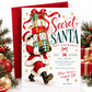 Secret Santa gift exchange invitation with Santa wearing sunglasses and carrying stacked red, green, and gold presents, flowing red ribbons, and gold stars