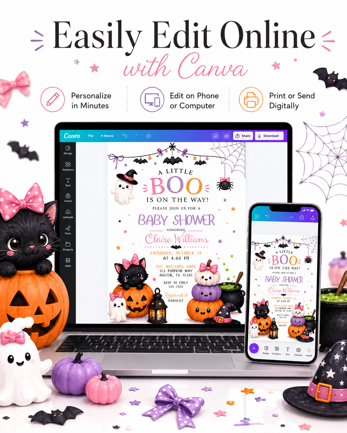 Halloween girl baby shower invitation with cute ghost, black cat, pumpkins, pink bows, bats, spiderwebs, witch hats, cauldron, and spooky-cute baby shower details