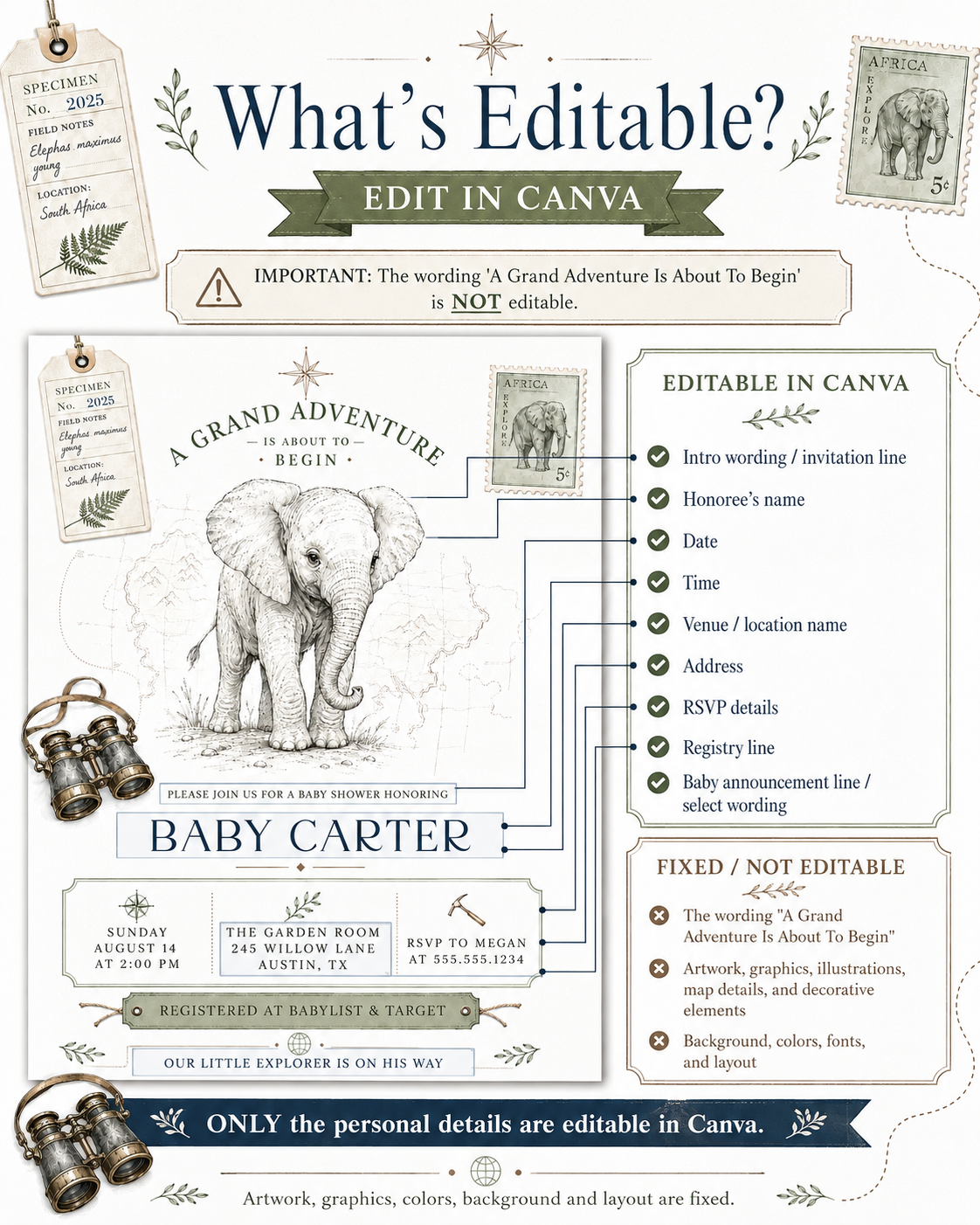 Grand adventure elephant baby shower invitation with baby elephant sketch, vintage binoculars, specimen tag, safari postage stamp, map details, and compass accents