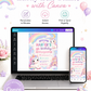 Unicorn fifth birthday invitation featuring pastel unicorns, a rainbow, fluffy clouds, gold stars, crescent moon and pink fairytale castle.

