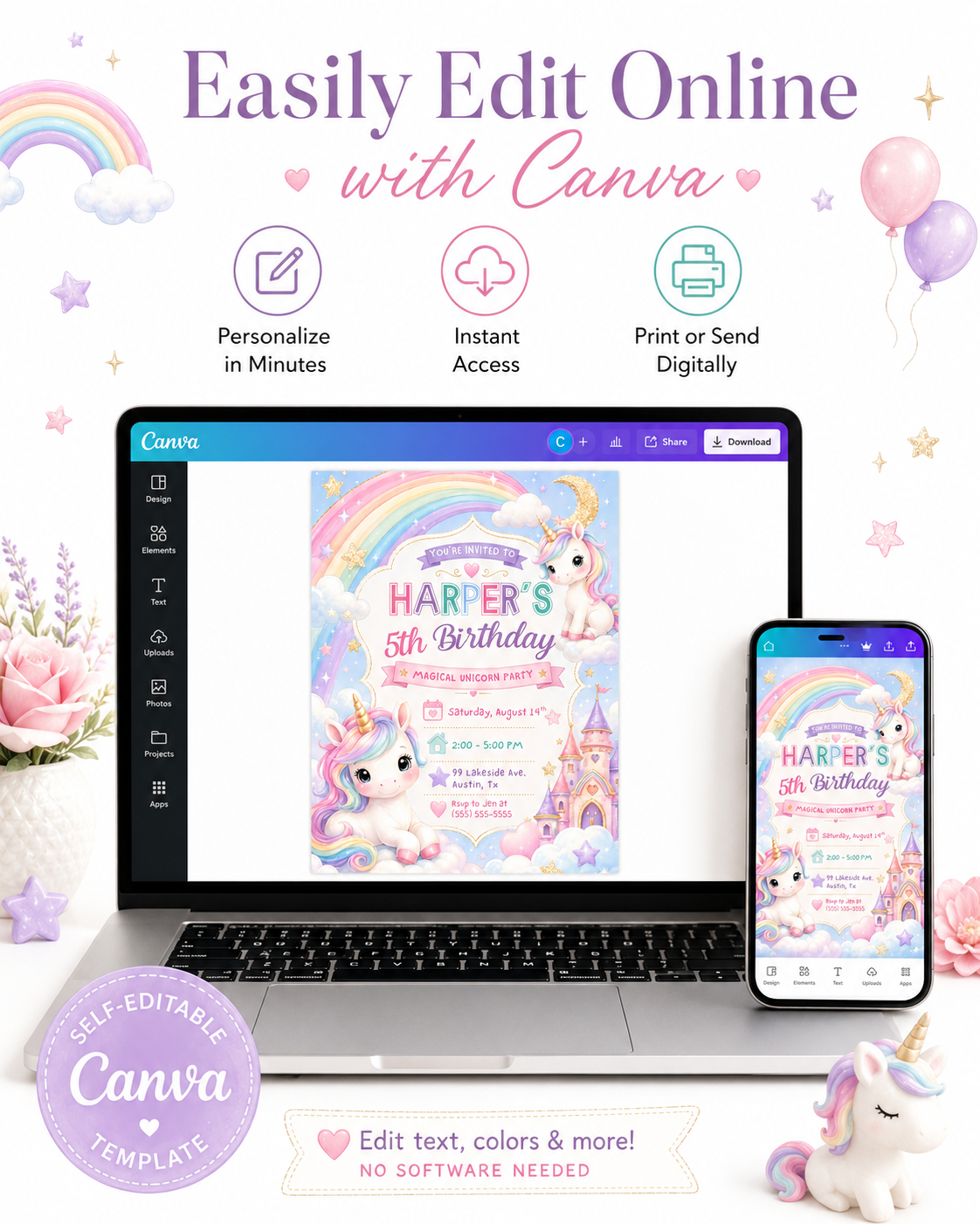 Unicorn fifth birthday invitation featuring pastel unicorns, a rainbow, fluffy clouds, gold stars, crescent moon and pink fairytale castle.
