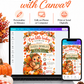 Fall baby shower invitation with Our Little Turkey Is on the Way wording, a cute turkey, pumpkins, orange gingham bow, and autumn leaves