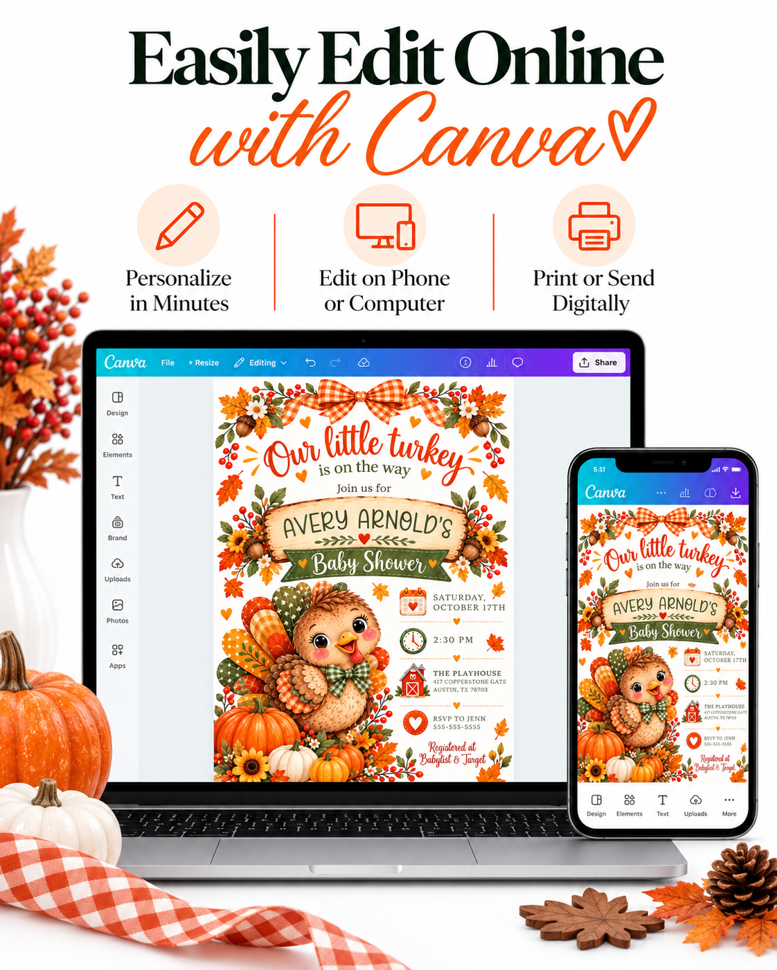 Fall baby shower invitation with Our Little Turkey Is on the Way wording, a cute turkey, pumpkins, orange gingham bow, and autumn leaves